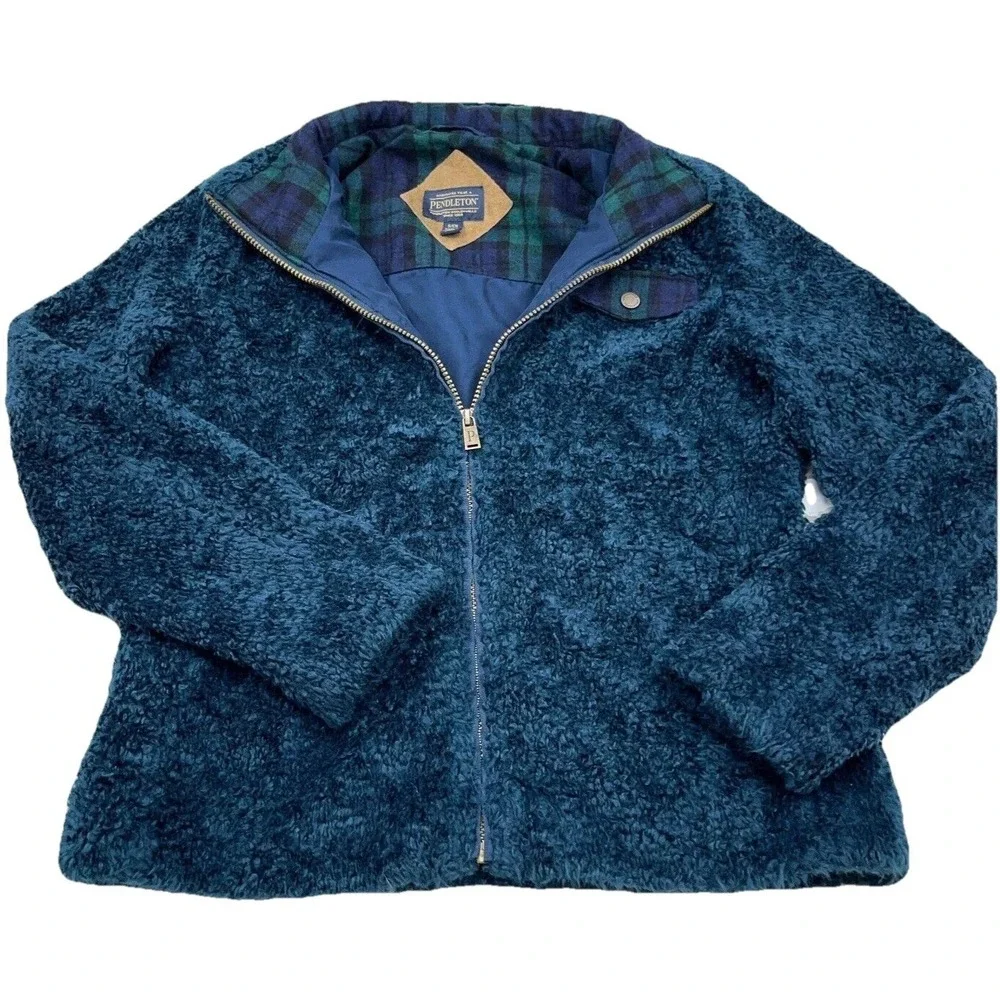 Pendleton‎ Jacket Women Small Blue Green Deep Pile Sherpa Fleece Sport Coat